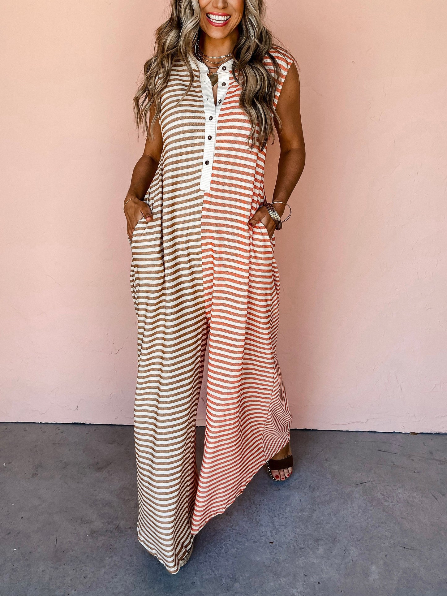 Spring Summer Jumpsuit Mixed Color Stripe Sleeveless Loose Fresh Wide Leg Long One Piece