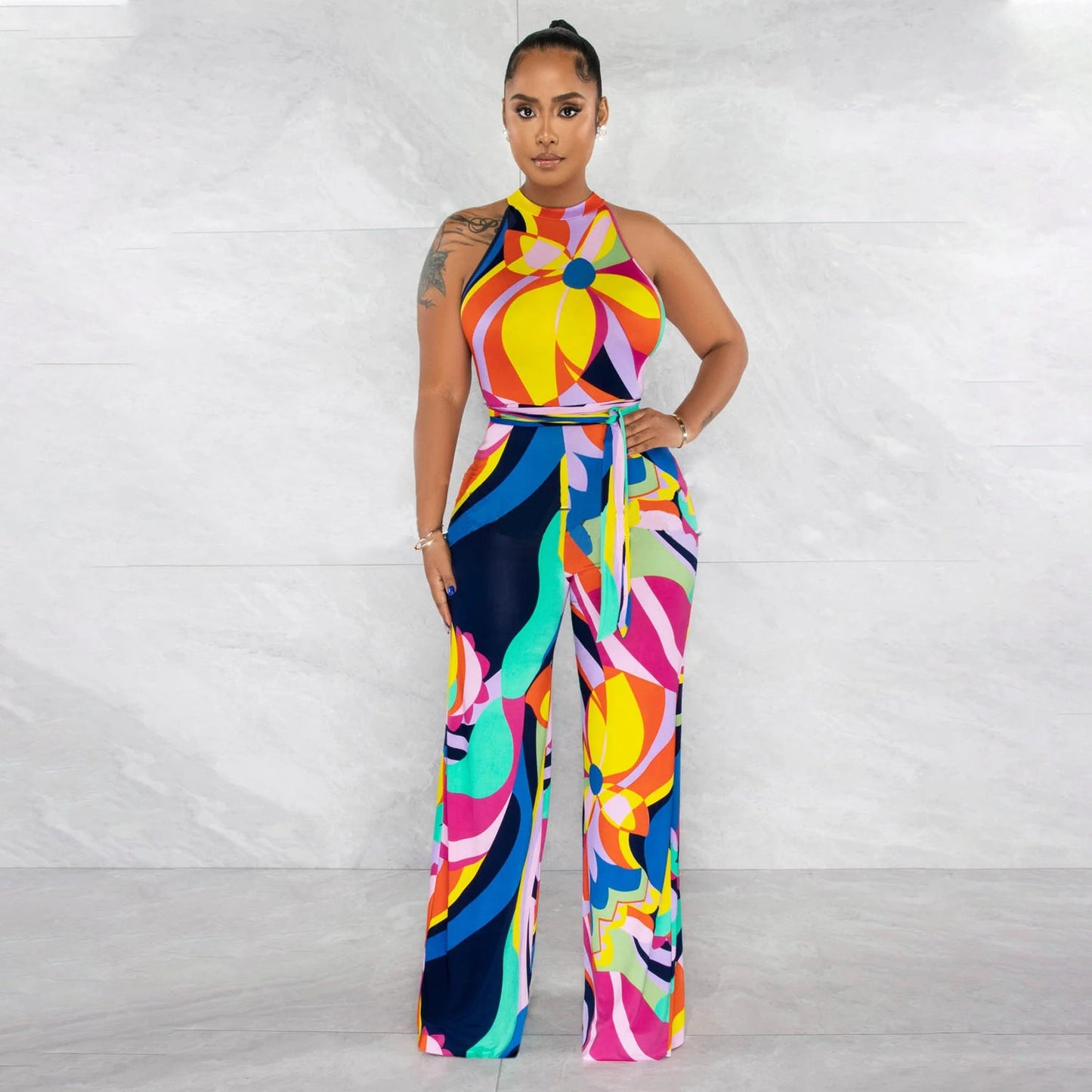 Summer Clothing Printed Sleeveless Lace Up Jumpsuit Trousers for