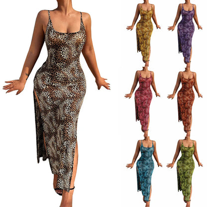 Leopard Print Slim Long Dresses Low Cut Backless Package Hip Bodycon Slit Dress Female Summer New
