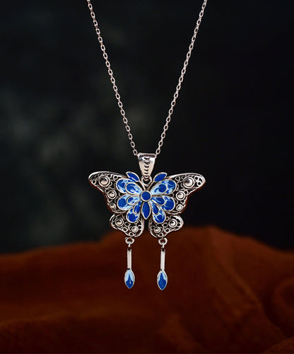 Retro Blue Sterling Silver Inlaid Enamel Butterfly Pendant Necklace