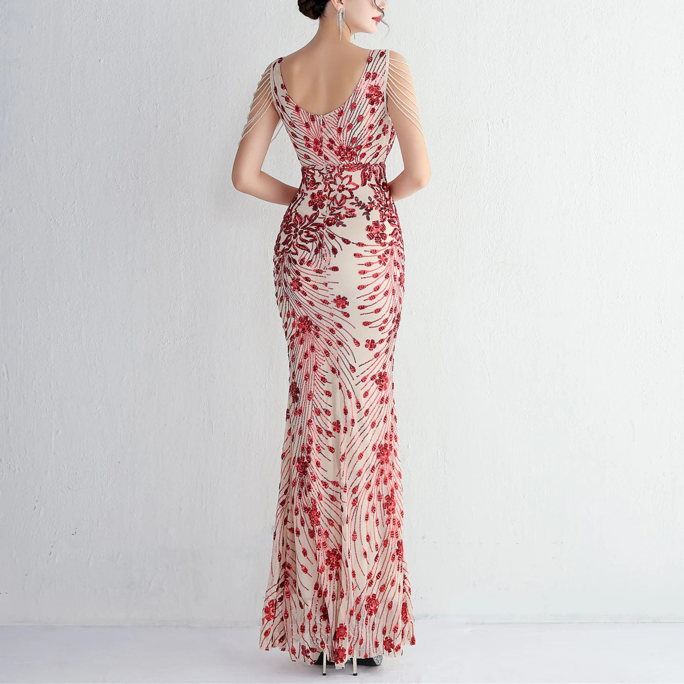 V-neck Sleeveless Dress With Stones and Crystals Sequins Tassel Party Dresses High Waisted Long Dress