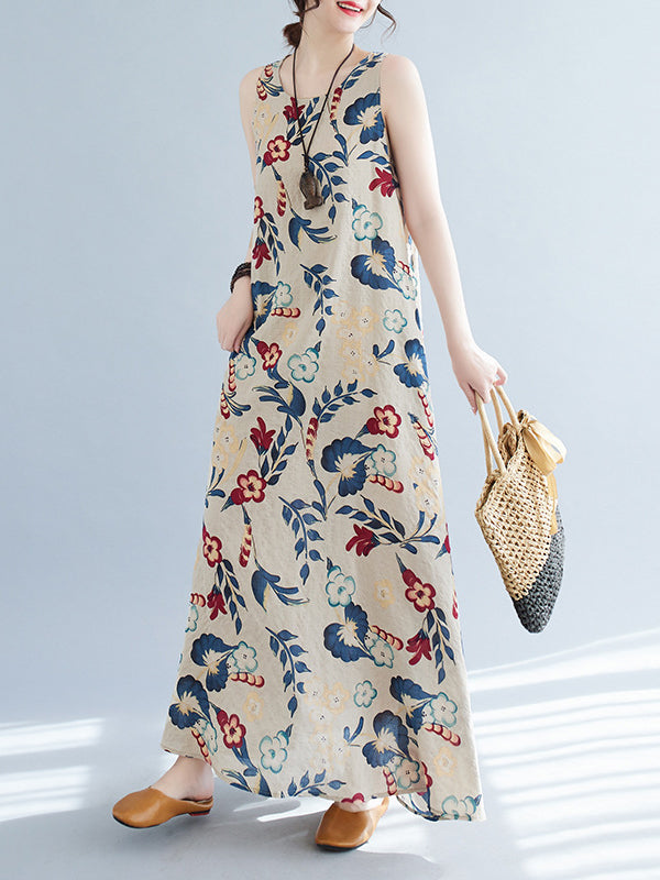 Loose Sleeveless Printed Round-neck Maxi Dresses