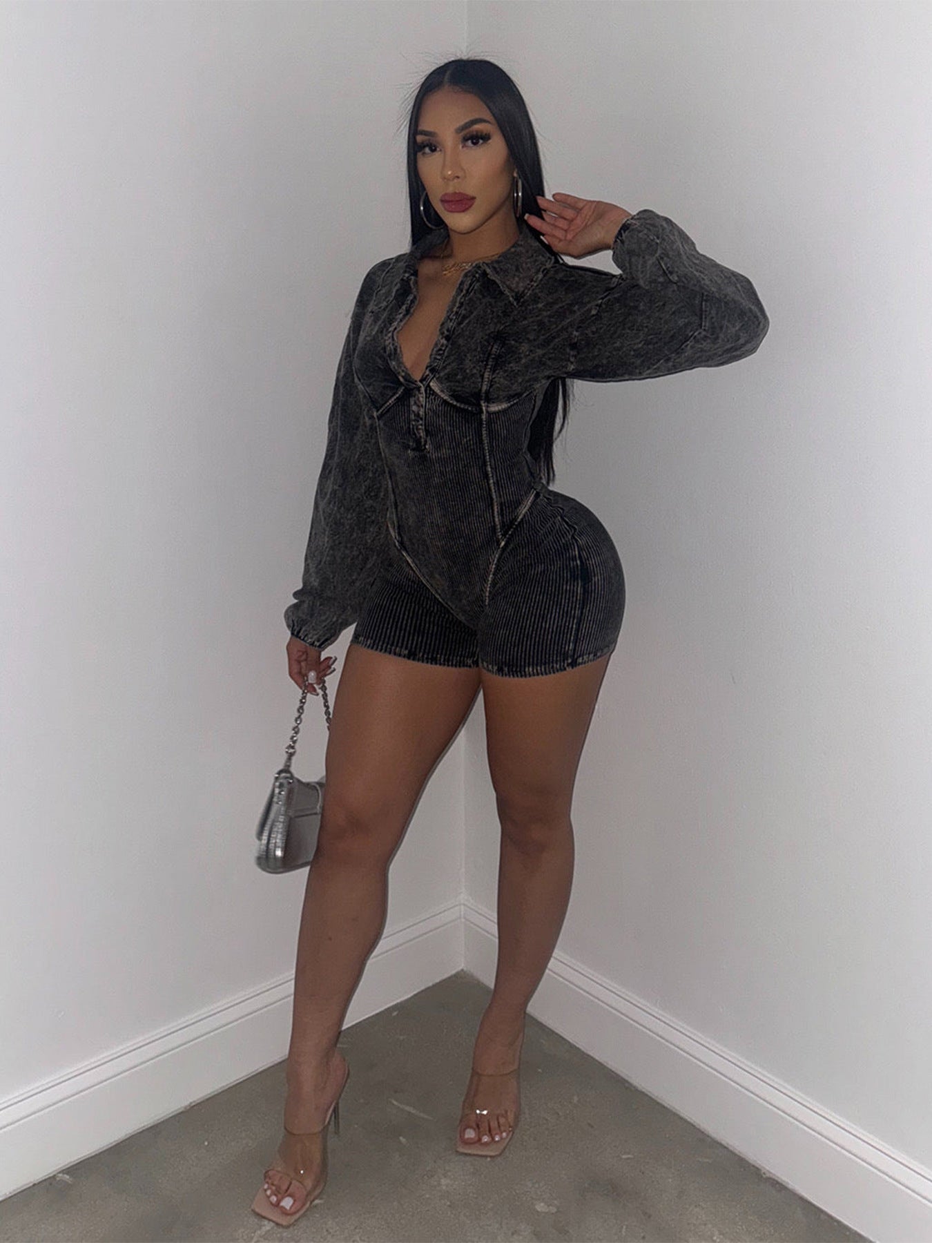 Clothing Classic Washed Old Collared Deep V Plunge Neck Tight Long Sleeve Jumpsuit
