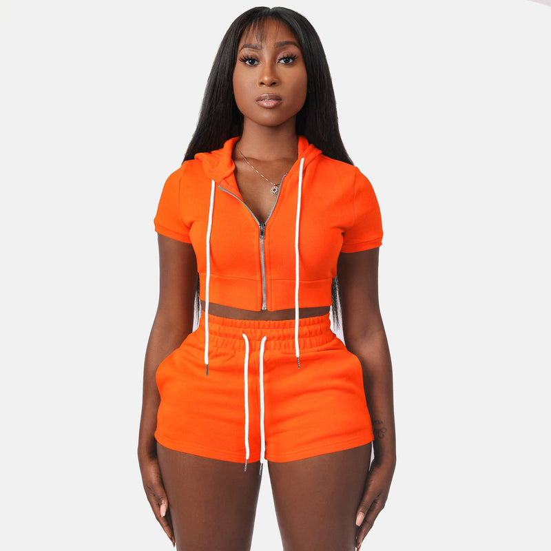 Clothing Supply Zipper Cardigan Color Short Top Hoodie Two Piece Set Set