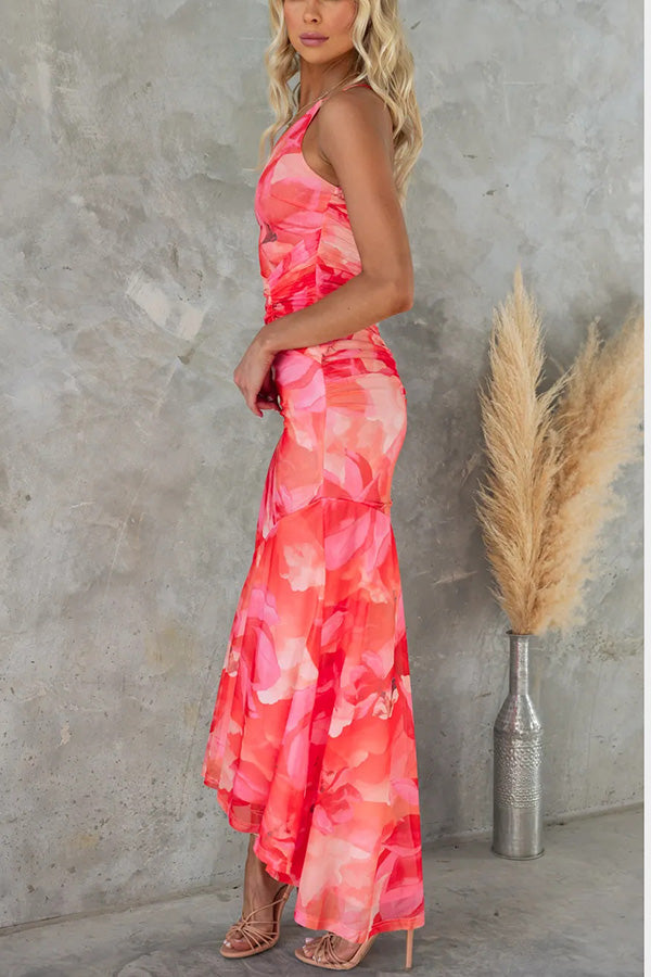 Deja Mesh Overlay Print One Shoulder Ruched Stretch Maxi Dress