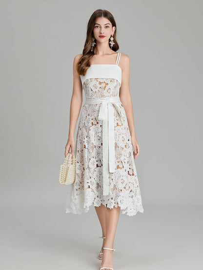 Embroidery Belted a Line Maxi Dress