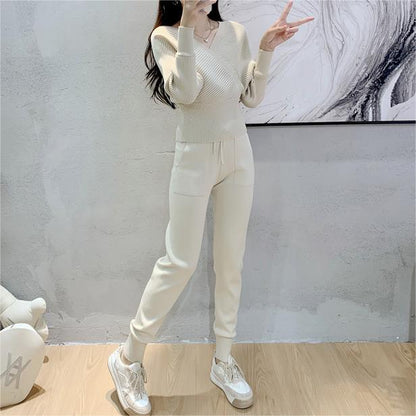 Socialite Outfit Autumn Short Shoulder Baring Sweater Top Ankle Tied Trousers Two Piece Set