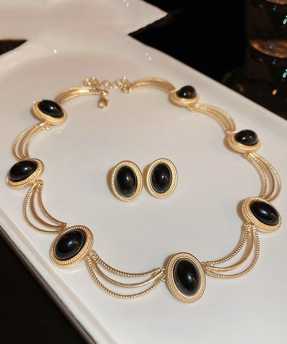 Black Alloy Gem Stone Drop Earrings and Princess Necklace Two-piece Set