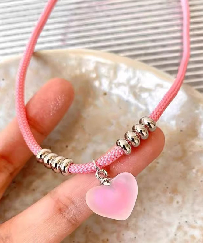 Pink Handmade Weaving Love Pendant Necklace