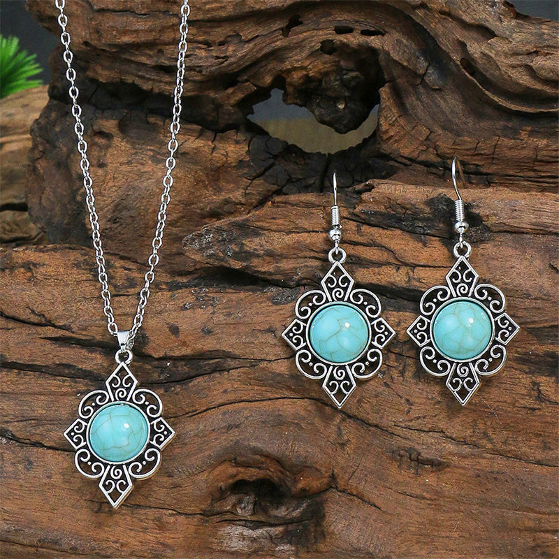 Court Geometric Carved Turquoise Diamond Earrings Necklace Set