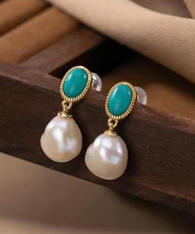 Blue Sterling Silver Overgild Turquoise Pearl Drop Earrings