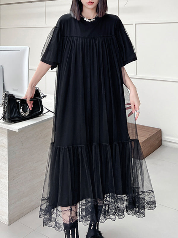Fake Two-piece Loose Gauze Pleated Color Split-joint Tiered Round-neck Midi Dresses