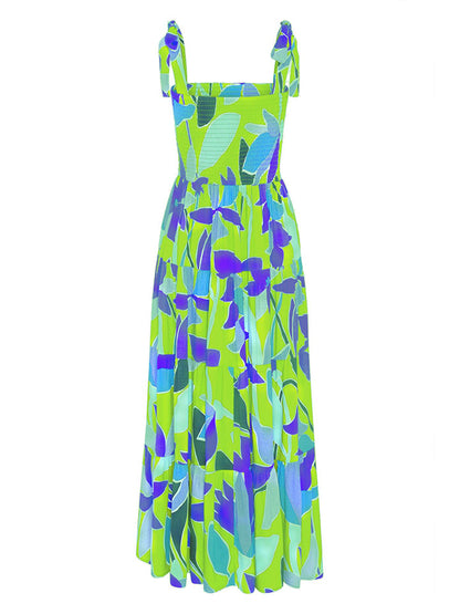 Leaves Printed Tie-shoulder Sleeveless Holiday Maxi Dress