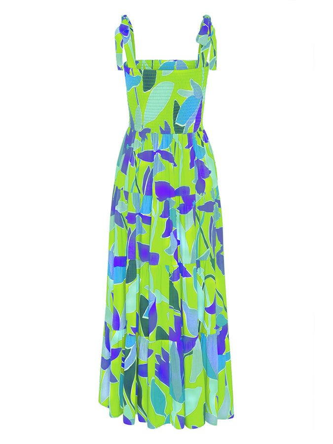 Leaves Printed Tie-shoulder Sleeveless Holiday Maxi Dress