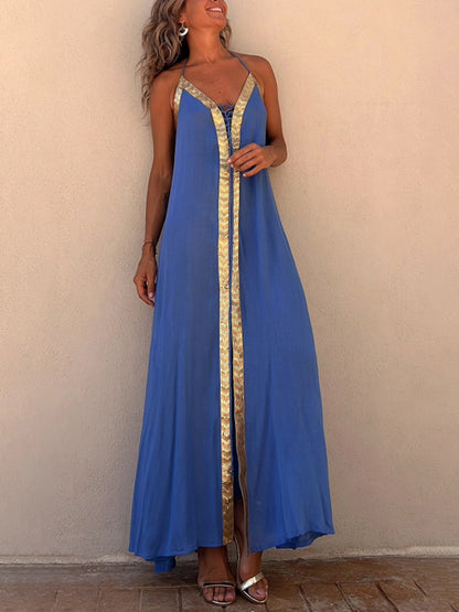Paneled Sleeveless Lace-up Holiday Maxi Dress