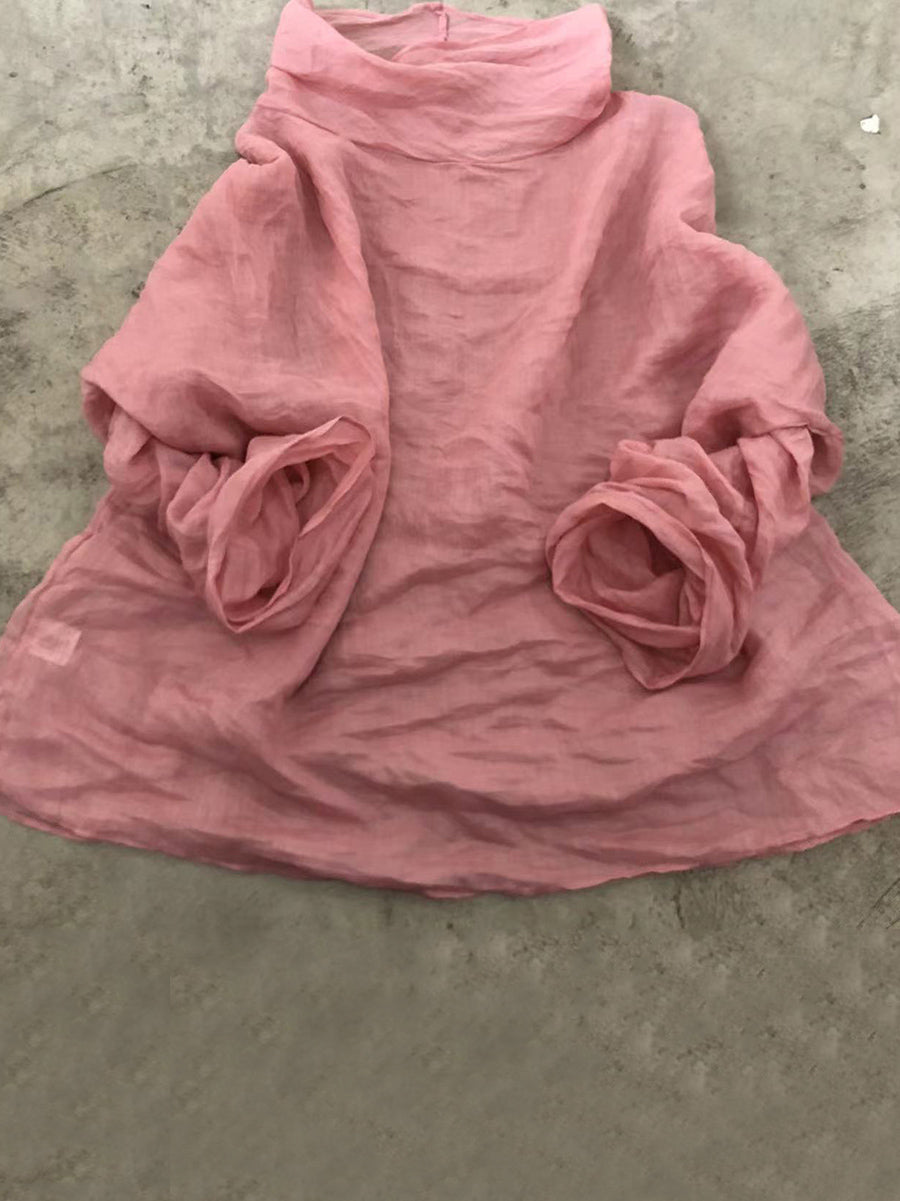 Autumn Pure Color Turtleneck Ramie Blouse Qu020