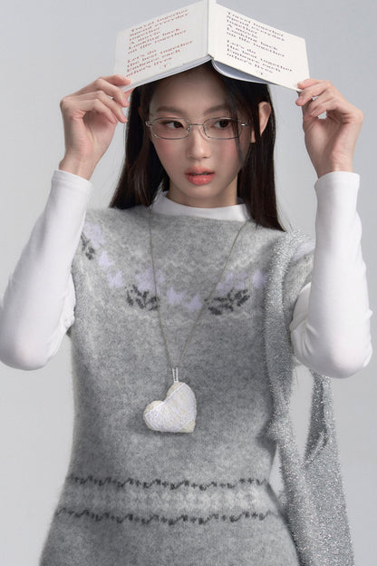 Grey Patterned Layered Knit Blouse Set-up