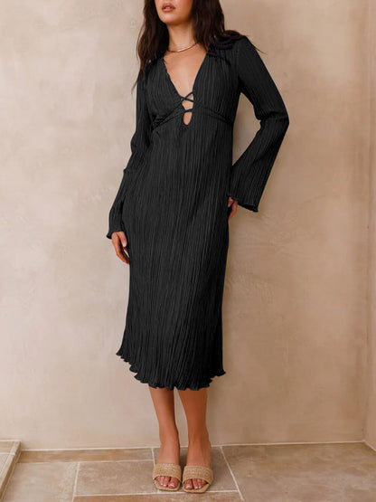 Mountain Vistas Draped Pleated Bell-sleeve Midi Dress