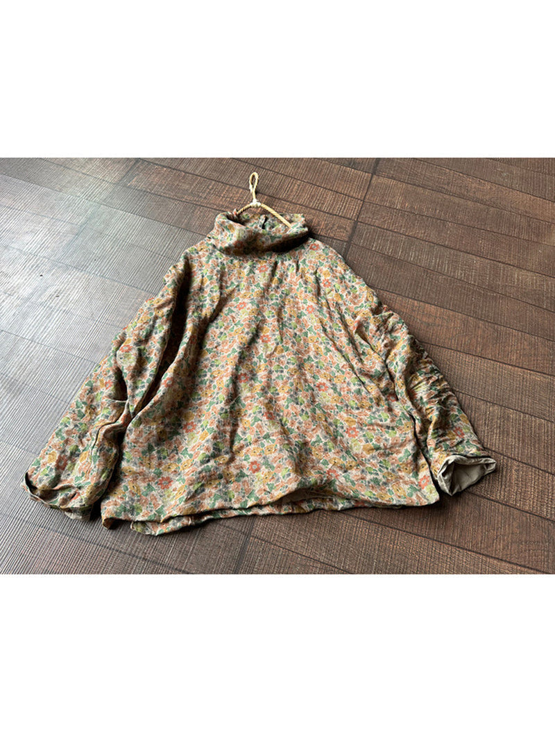 Autumn Artsy Turtleneck Ramie Blouse Qu032