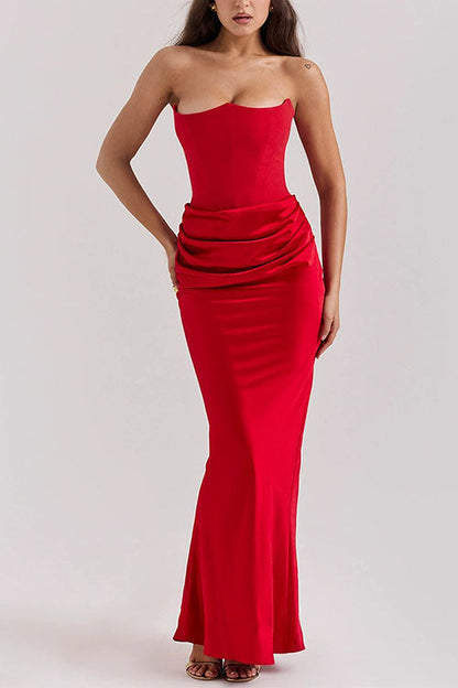 Strapless Ruched Satin Splice Bodycon Maxi Dress