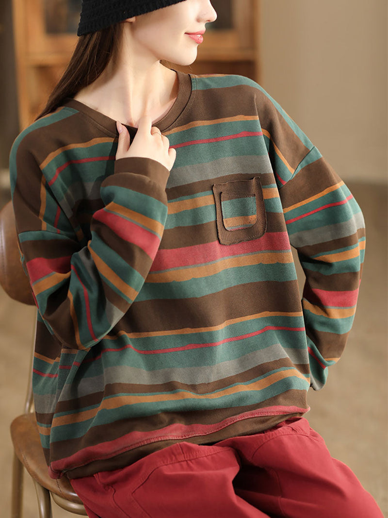 Autumn Colorblock Stripe O-neck Cotton Sweatshirt Ai1027