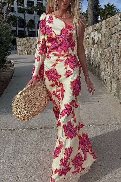 One Shoulder Long Sleeve Print Maxi Dress