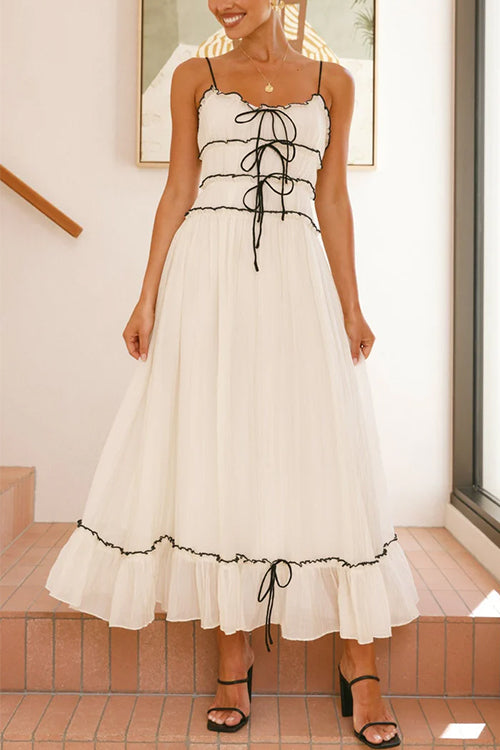 Spaghetti Strap Frill Trim Tie Bow Maxi Dress