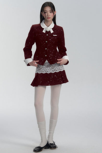 Lace-trimmed Velvet Blouse and Skirt Set-up