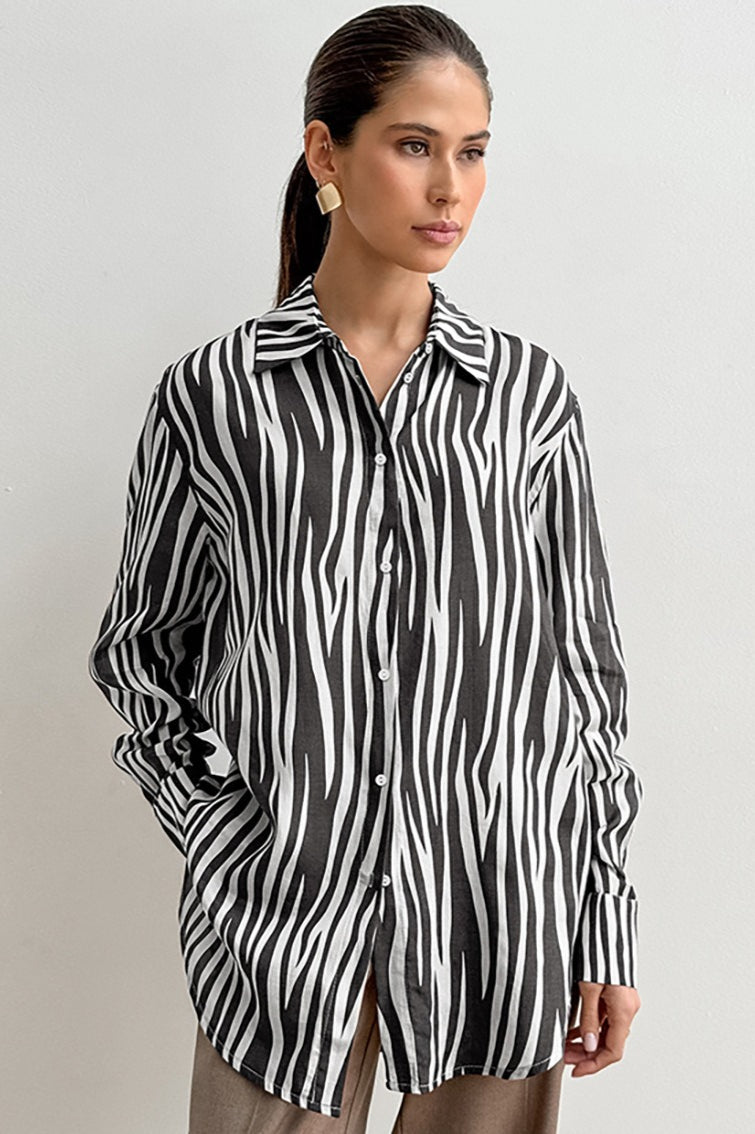 Printed Long Sleeve Loose Fit Blouse