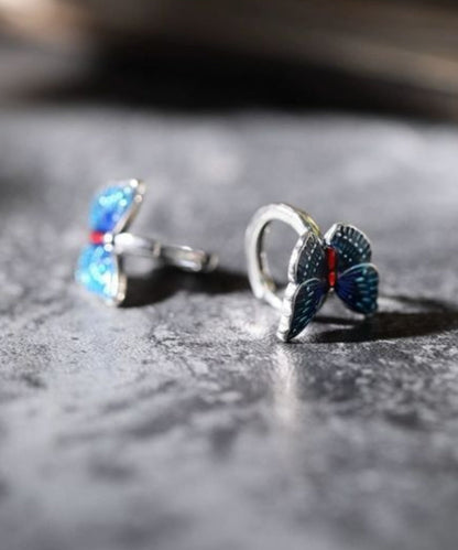 Blue Sterling Silver Butterfly Cloisonne Hoop Earrings