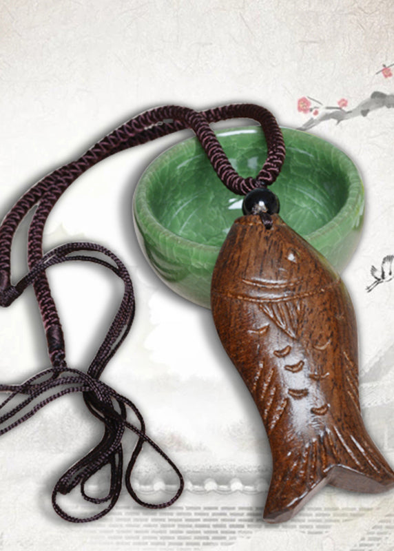Brown Hand Knitting Woode Fish Peach Wood Pendant Necklace