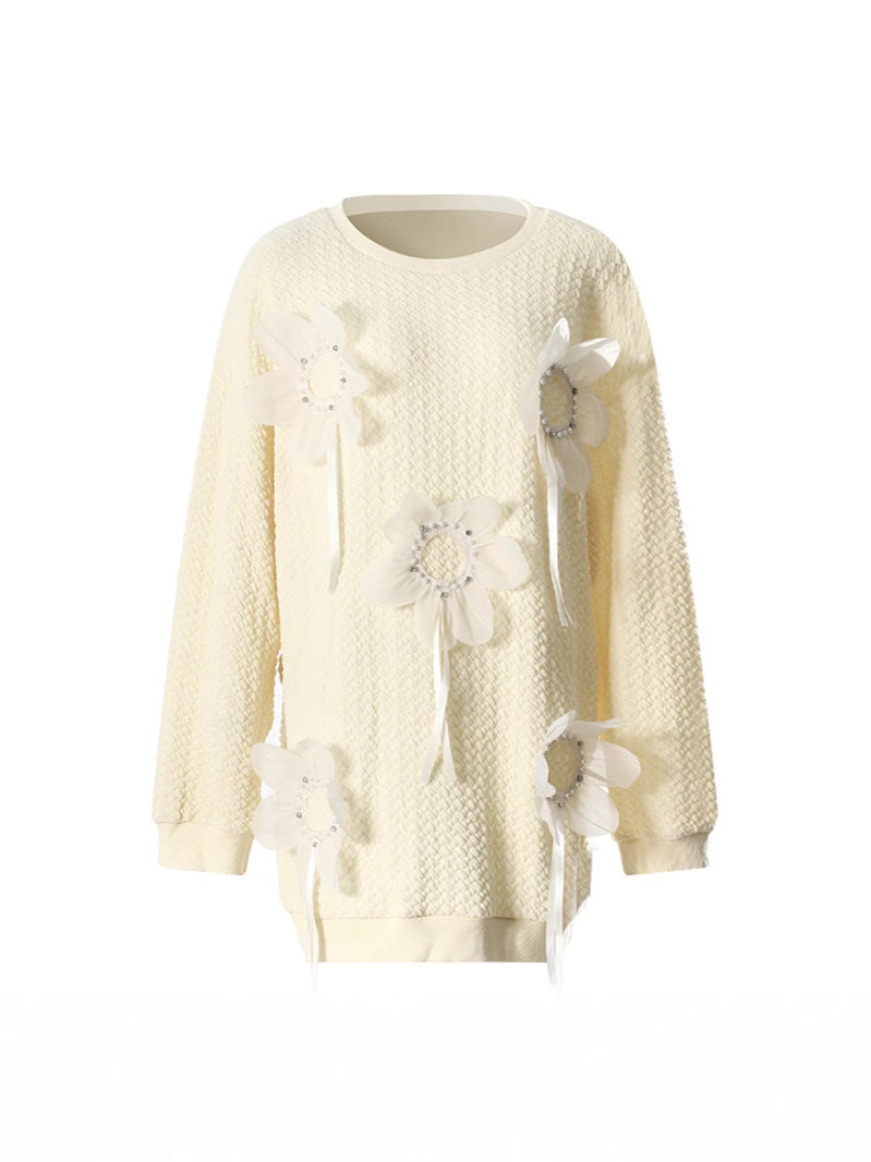 Mid Length Autumn Winter Color Three Dimensional Beaded Loose Outer Wear Sweatshirt