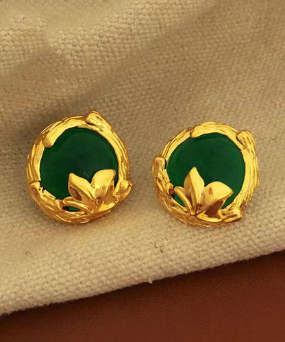 Art Green Copper Overgild 14k Gold Gem Stone Stud Earrings