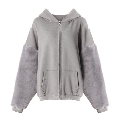 Winter Hooded Fleece Lined Furry Sleeves Sweatshirt Idle Loose Sleeve Length Cardigan Outerwear Top