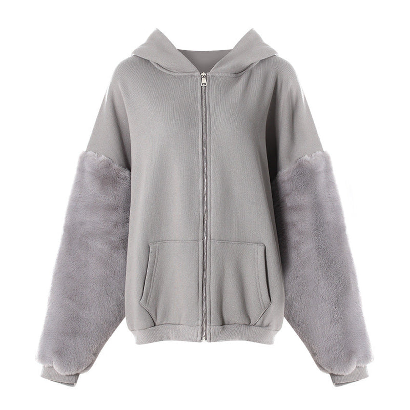 Winter Hooded Fleece Lined Furry Sleeves Sweatshirt Idle Loose Sleeve Length Cardigan Outerwear Top