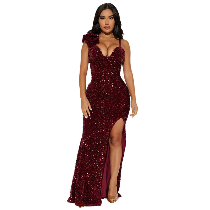 Wear Color Suspenders Sequined Maxi Dress Slit Evening Dress