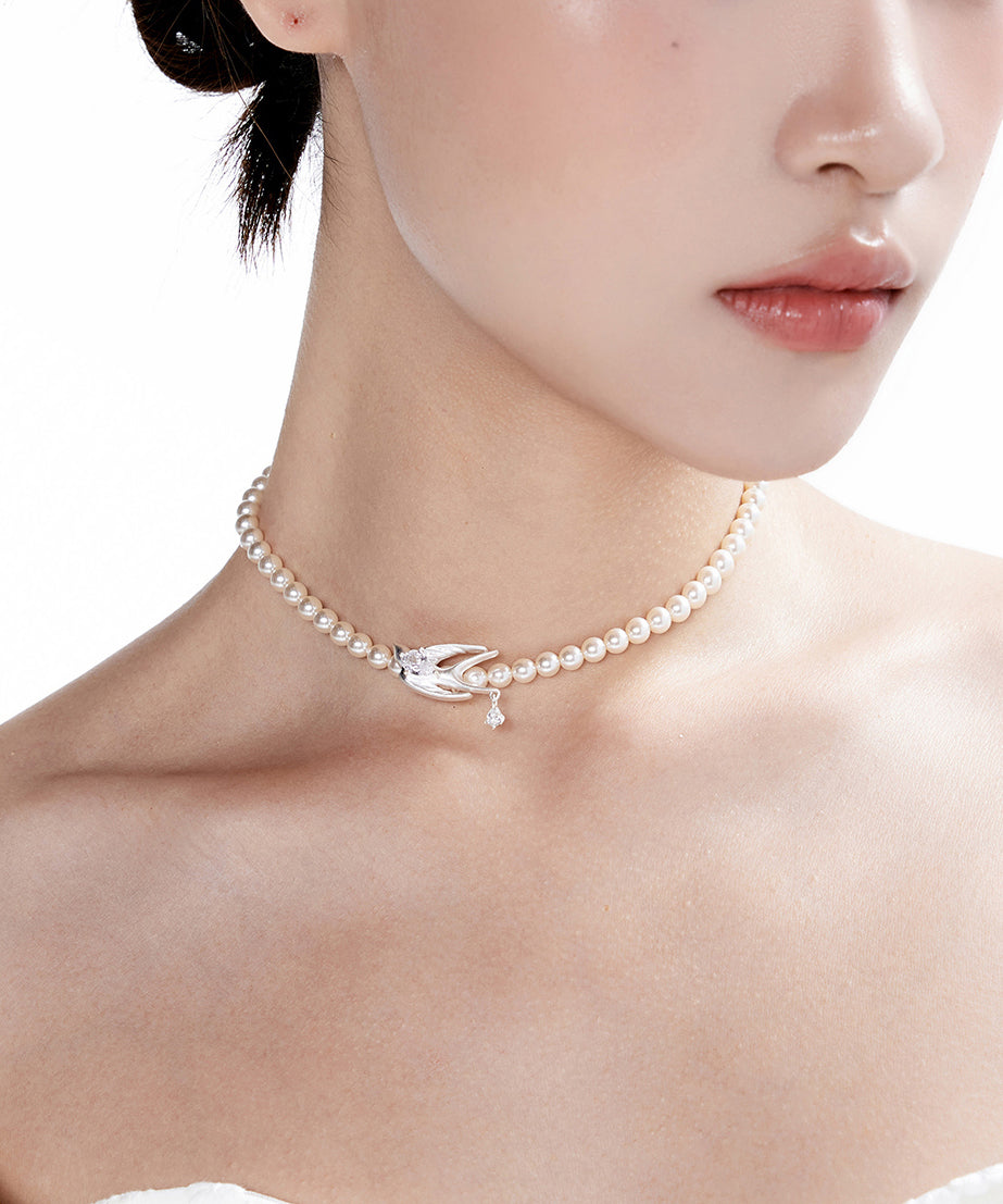 Pearl Little Bird Zircon Silver Plated Choker