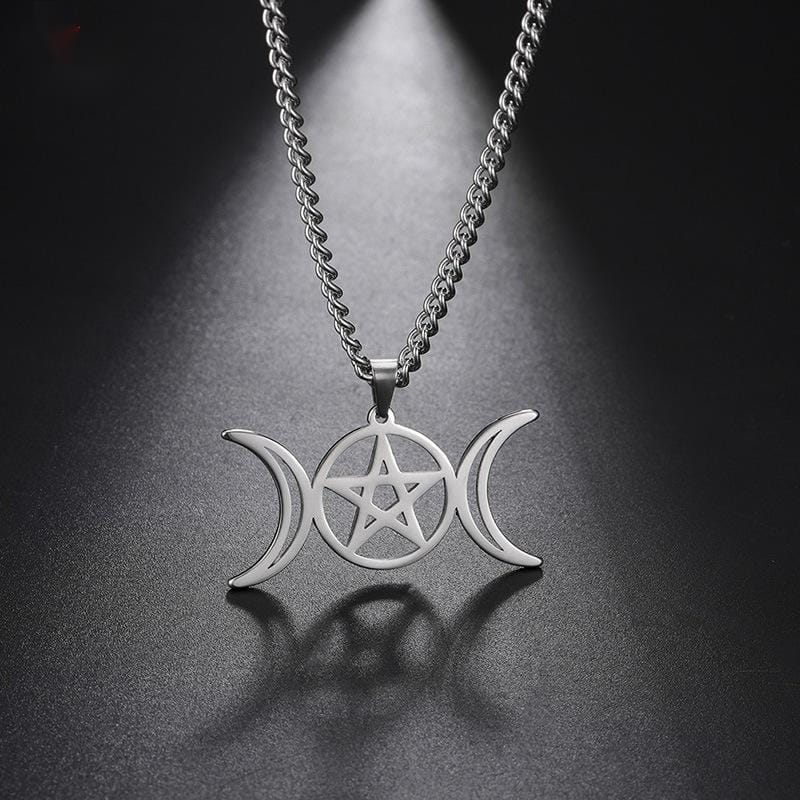 Triple Moon Goddess Pentagram Necklace