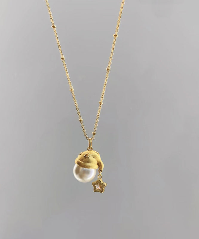 Fine Gold Copper Overgild Zircon Pearl Star Santa's Hat Pendant Necklace