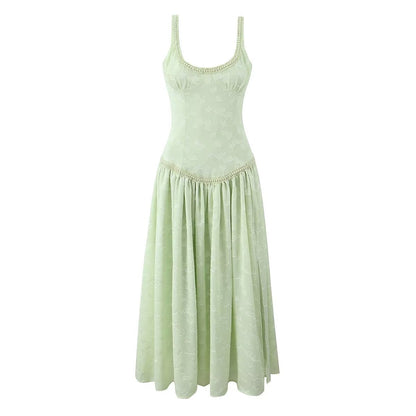 Design Pearl Decorative Jacquard Split Maxi Dress Seaside Vacation Sling Dress