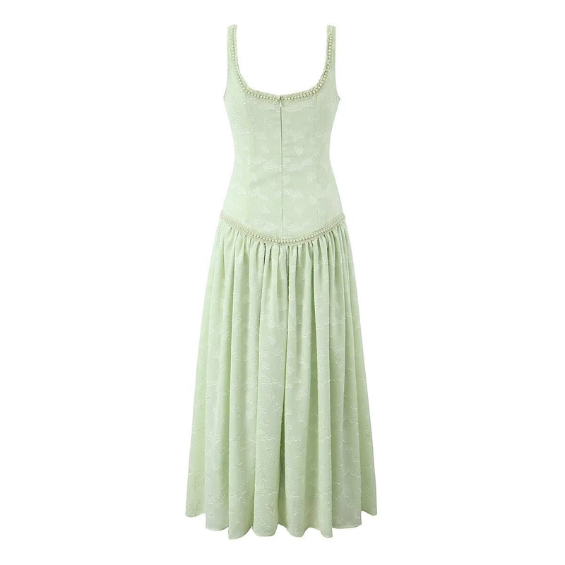 Design Pearl Decorative Jacquard Split Maxi Dress Seaside Vacation Sling Dress