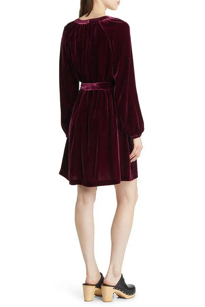 Color Velvet Long-sleeved V-neck Lace-up Mini Dress
