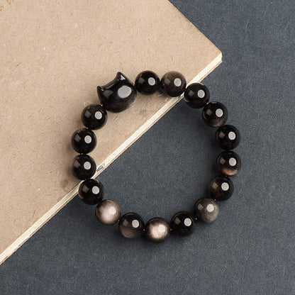 Buddha Stones Gold Sheen Obsidian Silver Sheen Obsidian Paw Lucky Cat Protection Bracelet