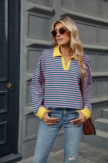 Autumn Winter Contrast Color Lapels Loose Long Sleeve Striped Sweater for
