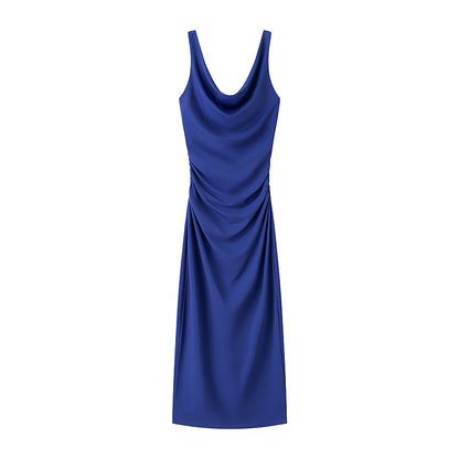 Spring Summer Clothing Fashionable Pleated Decorative Sleeveless Midi Dress