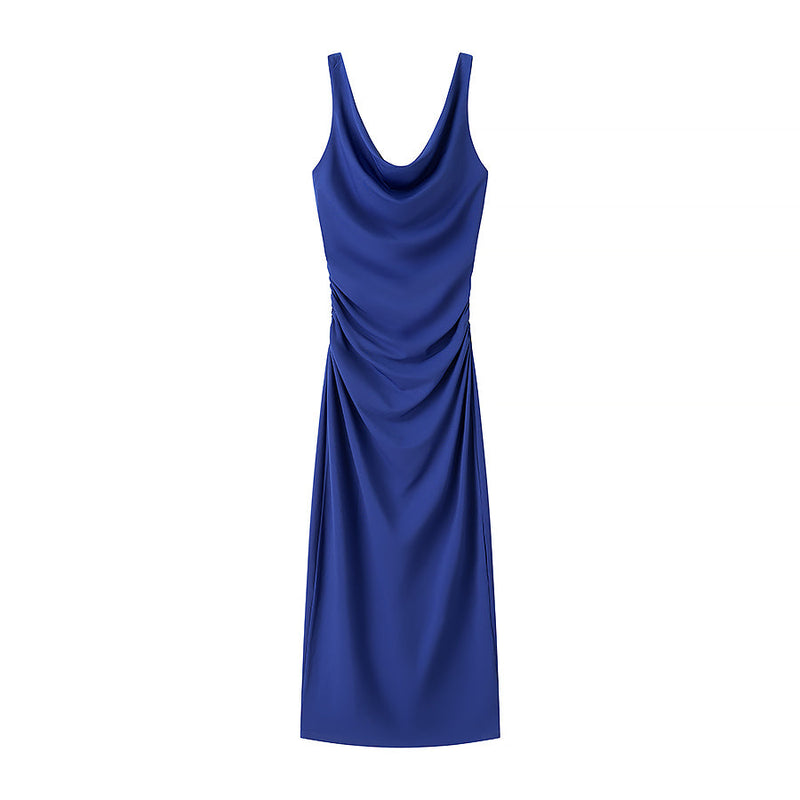 Spring Summer Clothing Fashionable Pleated Decorative Sleeveless Midi Dress