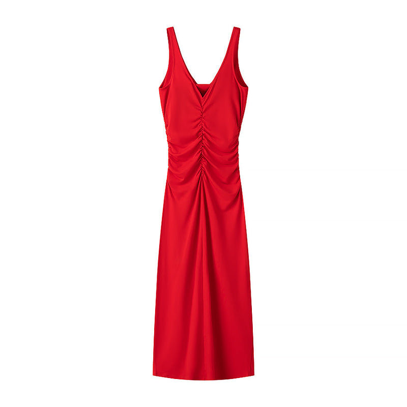 Spring Summer Clothing Fashionable Pleated Decorative Sleeveless Midi Dress