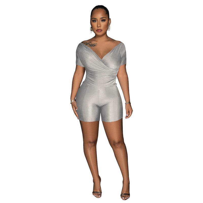 Clothing Supply Color Reflective Pleated V Neck Blouse Pants Two Piece Sets