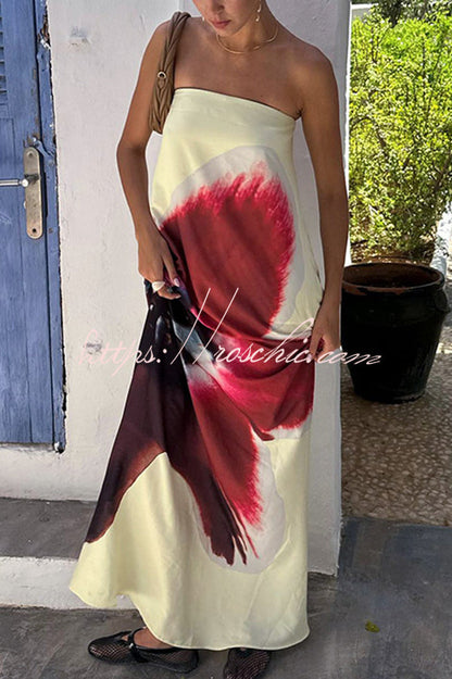 Print Strapless Backless Belt Maxi Dress
