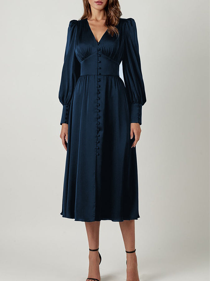 Long Sleeves Buttoned V Neck Maxi Dress